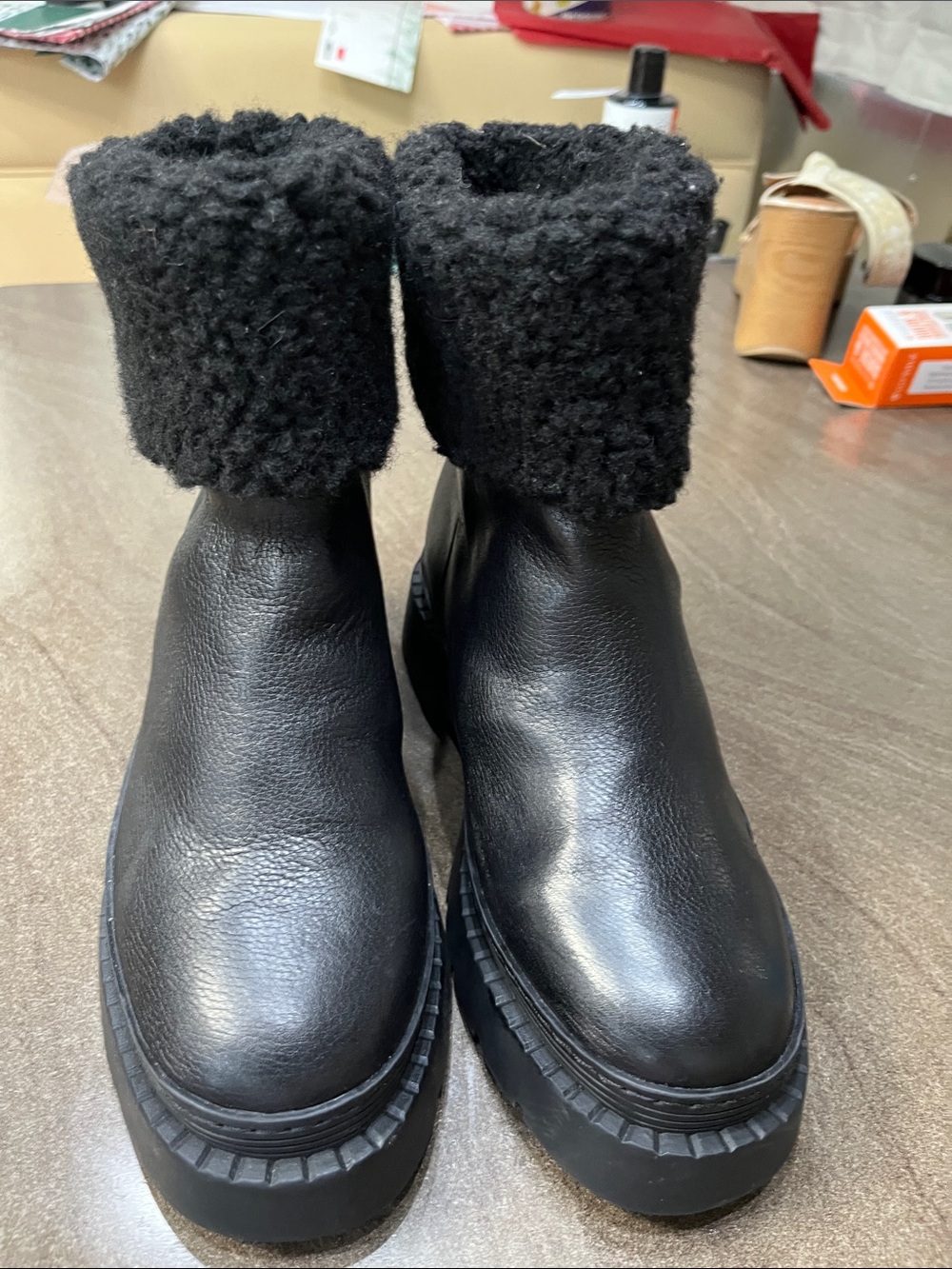 Marc Fisher Black Leather Ankle Boots with Shearling Cuff